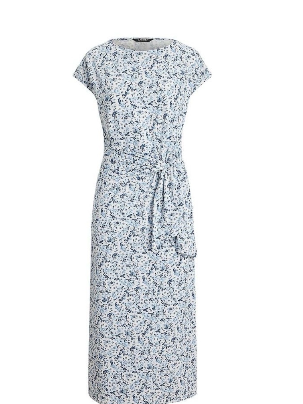 Ralph Lauren Blue and White Floral Tie-Waist Midi Dress